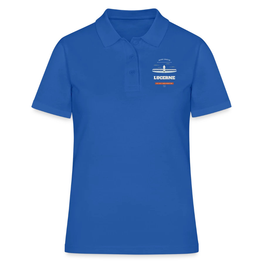 Lucerne badge on a women's polo shirt, royal blue
