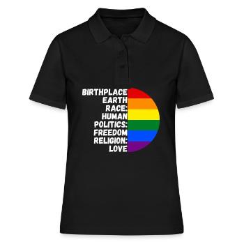 Lieu de naissance Religion Amour Liberté Vie Personnes - Polo Femme - noir - Devant - Ailine (174cm)