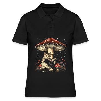 Cottagecore Ästhetische Katze Lesebuch Pilz Witchy - Frauen Polo Shirt - Schwarz - Vorne - Ailine (174cm)