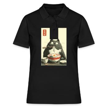 Chat aux yeux écarquillés sirotant des ramen - Polo Femme - noir - Devant - Ailine (174cm)