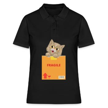 Neugieriges Kätzchen auf zerbrechlichem Paket - Frauen Polo Shirt - Schwarz - Vorne - Ailine (174cm)