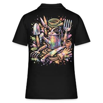 Aquarell-Gartenwerkzeuge Mehrfarbige Splash Art - Frauen Polo Shirt - Schwarz - Hinten - Ailine (174cm)