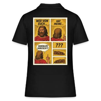 Comic-Jesus sucht Sandalen - Frauen Polo Shirt - Schwarz - Hinten - Ailine (174cm)