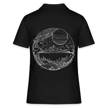 Psychedelische Landschaft als feine Liniengrafik - Frauen Polo Shirt - Schwarz - Hinten - Ailine (174cm)