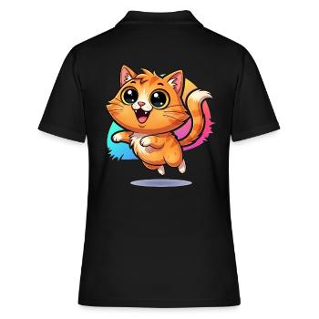 Flauschiger Glücksbote: Süße Katze mit Kulleraugen - Frauen Polo Shirt - Schwarz - Hinten - Ailine (174cm)