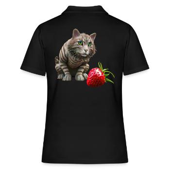Katze vor riesiger Erdbeere - Frauen Polo Shirt - Schwarz - Hinten - Ailine (174cm)