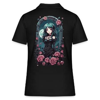 Gothic Pastel Anime Girl Viktorianisch mit Rosen - Frauen Polo Shirt - Schwarz - Hinten - Ailine (174cm)