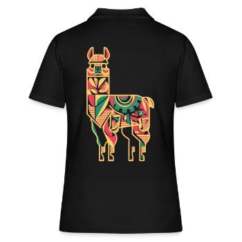 Bunter Lama in Ethno-Muster - Frauen Polo Shirt - Schwarz - Hinten - Ailine (174cm)