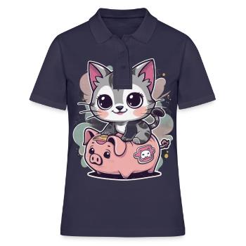 Chat Kawaii avec Tirelire - Polo Femme - bleu marine - Devant - Ailine (174cm)