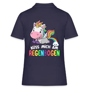Süßes Einhorn | Küss mich am Regenbogen - Frauen Polo Shirt - Navy - Hinten - Ailine (174cm)