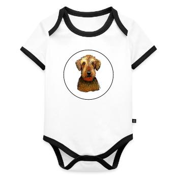 Airedale Terrier Dog Watercolor Illustration - Organic Baby Contrasting Bodysuit - white/black  - Front
