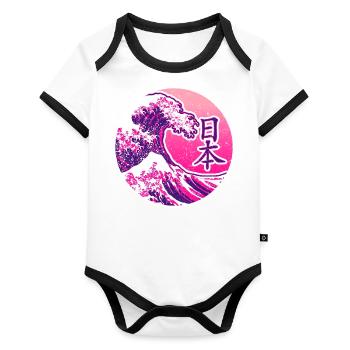 Japan in Kanji | Pink mit Welle - Baby Bio-Kurzarm-Kontrastbody - Weiß/Schwarz  - Vorne
