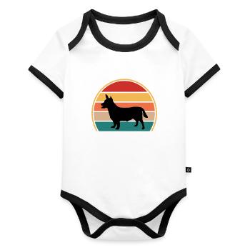 Lancashire Heeler Hund Liebe Silhouette Retro Sonnenuntergang - Baby Bio-Kurzarm-Kontrastbody - Weiß/Schwarz  - Vorne