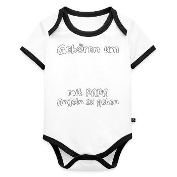 Papa Kleiner Angelpartner Baby Geschenk für Angler - Baby Bio-Kurzarm-Kontrastbody - Weiß/Schwarz  - Vorne