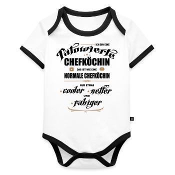 Chefköchin mit Tattoos. Tätowierte Köchin. - Baby Bio-Kurzarm-Kontrastbody - Weiß/Schwarz  - Vorne