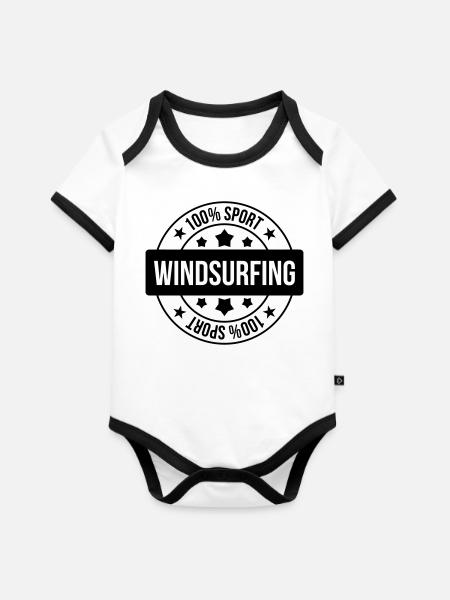 Windsurfen / Windsurfer / Windsurf / Windsurfing - Baby Bio-Kurzarm-Kontrastbody - Weiß/Schwarz