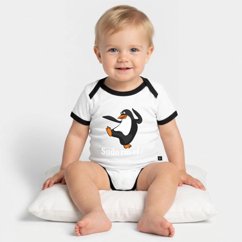 Tux Linux Pingouin Sudo Rm Rf | Computerfreak Hack Body Bébé bio contrasté manches courtes