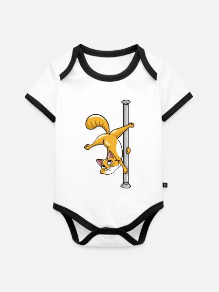 Pole Dancing Cat - Baby Bio-Kurzarm-Kontrastbody - Weiß/Schwarz