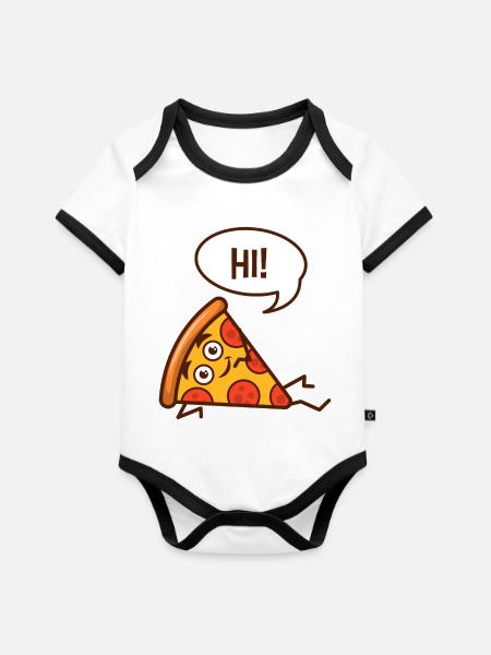 Pizza Pizzaschnitte Pizzastück - Baby Bio-Kurzarm-Kontrastbody - Weiß/Schwarz