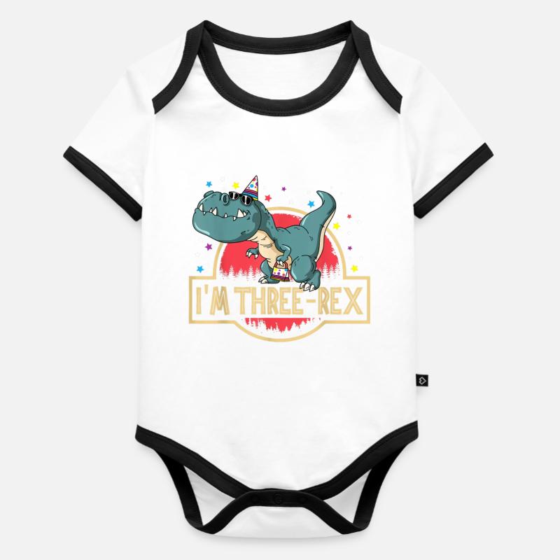 3ème anniversaire Joyeux Anniversaire Dino T Rex Three Rex - Body Bébé bio contrasté manches courtes - blanc/noir 