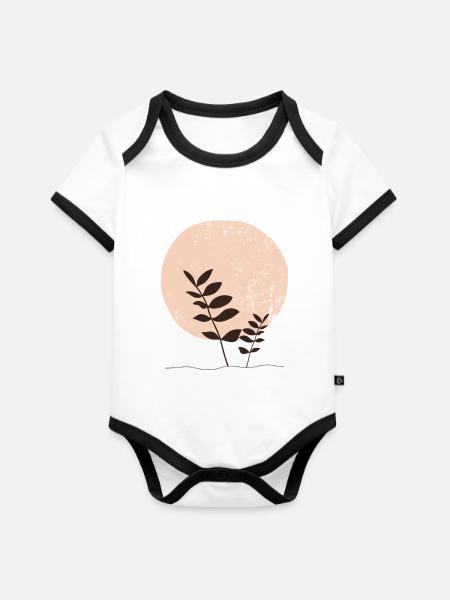 Boho-Sonnenblätter, abstraktes Beige - Baby Bio-Kurzarm-Kontrastbody - Weiß/Schwarz 