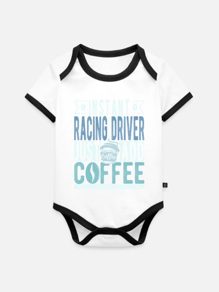 Rennfahrer Kaffee Spruch - Baby Bio-Kurzarm-Kontrastbody - Weiß/Schwarz