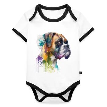 German Boxer Dog Watercolor Design - Organic Baby Contrasting Bodysuit - white/black  - Front