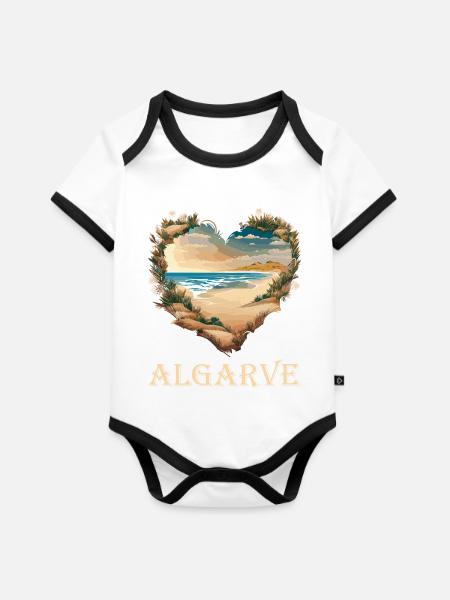 Algarve, Portugal. Heart Beach - Baby Bio-Kurzarm-Kontrastbody - Weiß/Schwarz