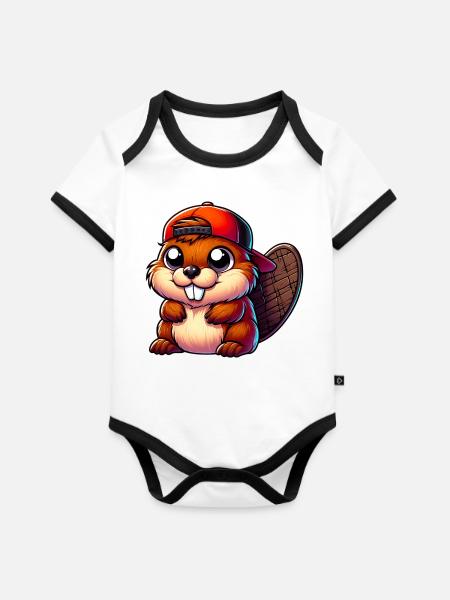 Bieber - Baby Bio-Kurzarm-Kontrastbody - Weiß/Schwarz 
