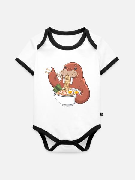 Walross - Baby Bio-Kurzarm-Kontrastbody - Weiß/Schwarz 