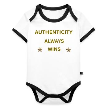 L’AUTHENTICITÉ GAGNE TOUJOURS – Citation motivationnelle en or - Body Bébé bio contrasté manches courtes - blanc/noir  - Devant