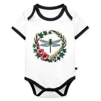Dragonfly Floral Wreath Frame - Organic Baby Contrasting Bodysuit - white/black  - Front
