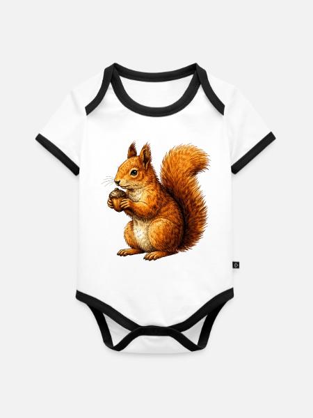 Niedliches Eichhörnchen mit Nuss –Tierillustration - Baby Bio-Kurzarm-Kontrastbody - Weiß/Schwarz