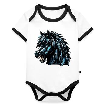 Pferd - Baby Bio-Kurzarm-Kontrastbody - Weiß/Schwarz  - Vorne