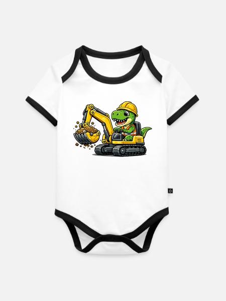 Süßer Dino Baggerfahrer - Baby Bio-Kurzarm-Kontrastbody - Weiß/Schwarz