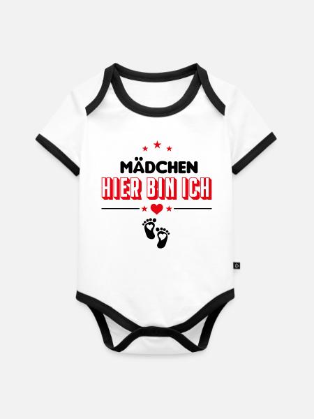 Mädchen Hier bin Ich Babysprüche - Baby Bio-Kurzarm-Kontrastbody - Weiß/Schwarz 