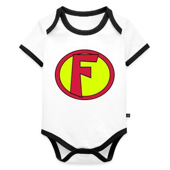Super, Superheld, Superheldin, Hero, F - Baby Bio-Kurzarm-Kontrastbody - Weiß/Schwarz  - Vorne