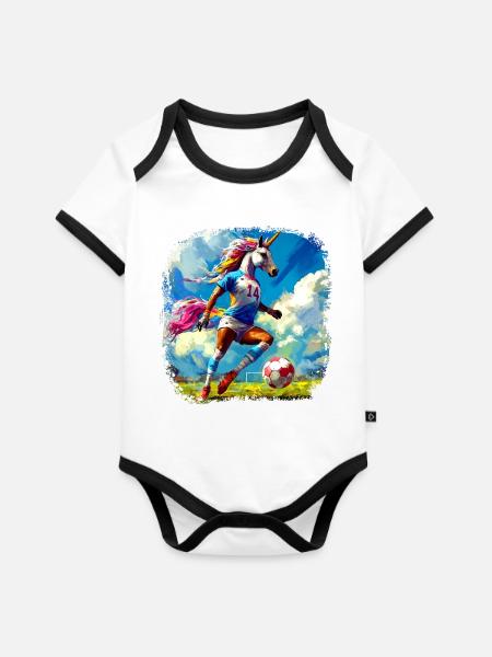 Einhörner Fussball - Baby Bio-Kurzarm-Kontrastbody - Weiß/Schwarz 