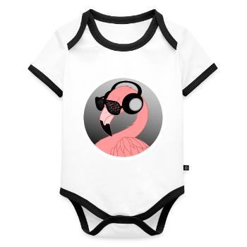 Flamingo with sunglasses and headphones - Organic Baby Contrasting Bodysuit - white/black  - Front
