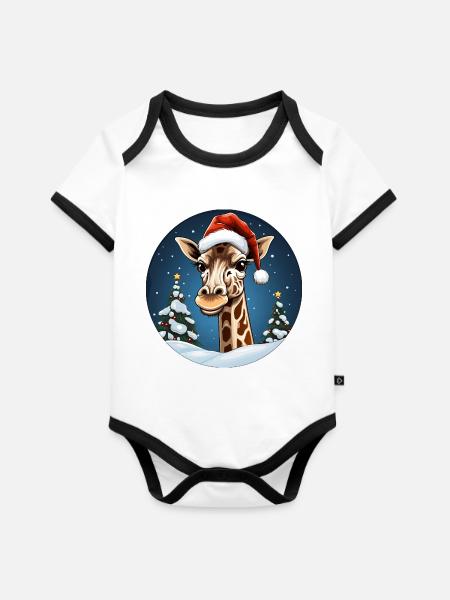 Giraffe Weihnachten - Baby Bio-Kurzarm-Kontrastbody - Weiß/Schwarz