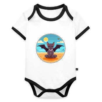 Fledermaus-Karikatur Yoga Strand Sommer Illustration - Baby Bio-Kurzarm-Kontrastbody - Weiß/Schwarz  - Vorne