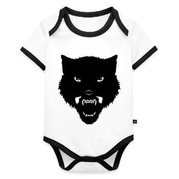 schwarzer Wolfskopf - Baby Bio-Kurzarm-Kontrastbody - Weiß/Schwarz  - Vorne