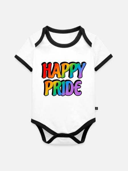 Happy Pride Regenbogen-Text - Baby Bio-Kurzarm-Kontrastbody - Weiß/Schwarz 