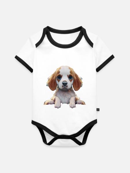 English Springer Spaniel - Baby Bio-Kurzarm-Kontrastbody - Weiß/Schwarz 