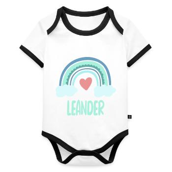Leander Name Regenbogen Baby - Baby Bio-Kurzarm-Kontrastbody - Weiß/Schwarz  - Vorne
