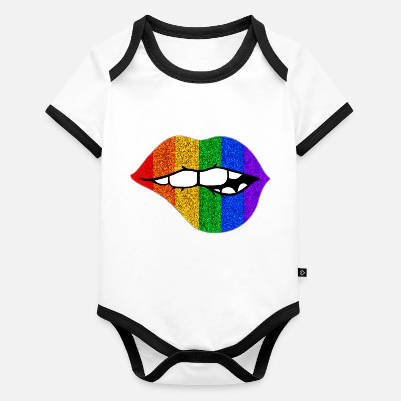 LGBTQ+ LIPS BITING PRIDE - Baby Bio-Kurzarm-Kontrastbody - Weiß/Schwarz 