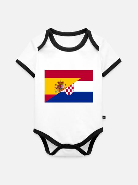 Spanien Kroatien Flagge - Baby Bio-Kurzarm-Kontrastbody - Weiß/Schwarz 