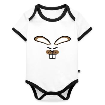 Hase Kaninchen Häschen Cartoon Kleintier niedlich - Baby Bio-Kurzarm-Kontrastbody - Weiß/Schwarz  - Vorne