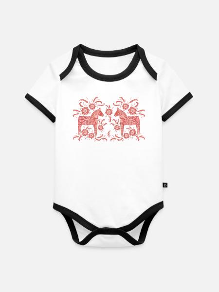 Schwedisches Dala-Pferd - Baby Bio-Kurzarm-Kontrastbody - Weiß/Schwarz 