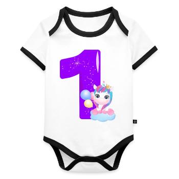 1. Geburtstag mit Einhorn-Motiv, lila - Baby Bio-Kurzarm-Kontrastbody - Weiß/Schwarz  - Vorne
